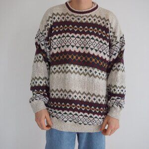 Vintage Robert Stock Cotton Fair Isle Sweater Cream Cabincore Old Money XL